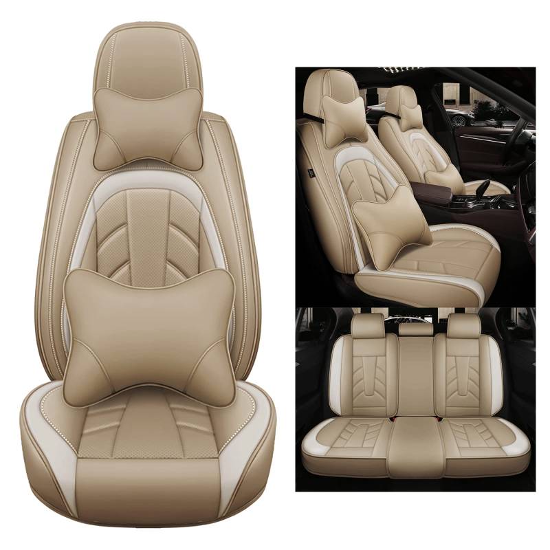 HYQOUKLR Universal-Autositzbezüge, Leder, vollständiges Set, passend für die meisten Autos, Seitenairbag-kompatibel, Beige von HYQOUKLR