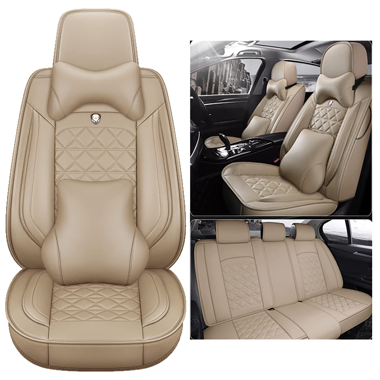 HYQOUKLR Universal-Autositzbezüge, Leder, vollständiges Set, passend für die meisten Autos, Seitenairbag-kompatibel, Beige von HYQOUKLR