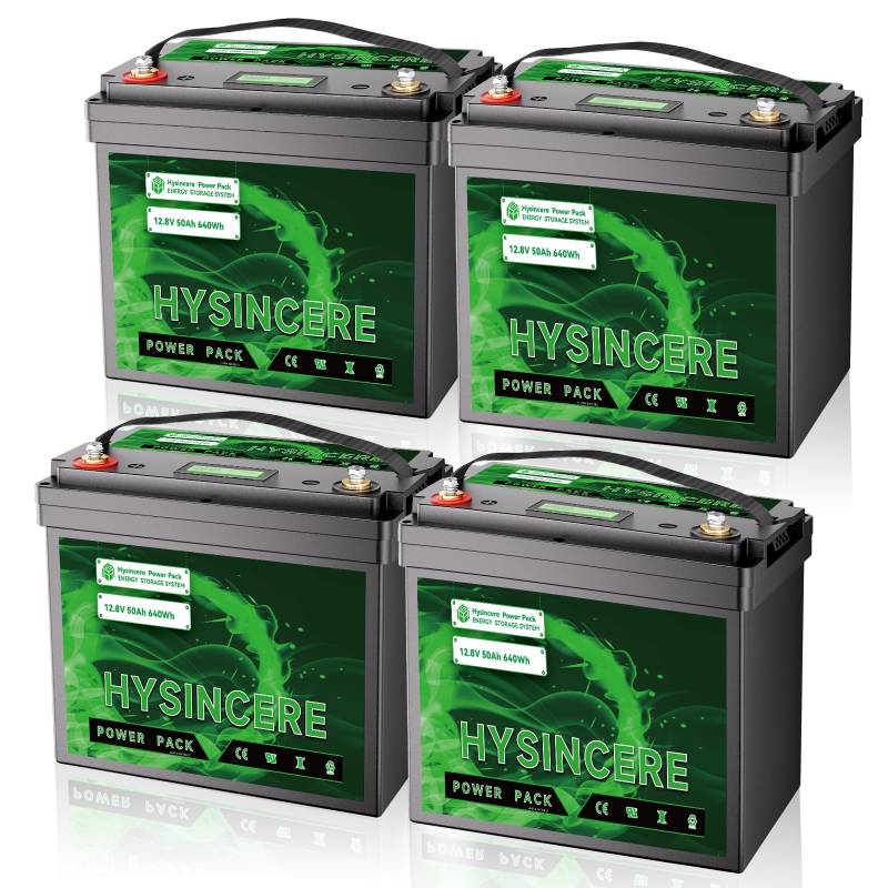 HYSINCERE 12V 50Ah LiFePO4 Batterie(4 Pack), 50A BMS, 4000-15000 Zyklen Deep Cycle Lithium Akku, MAX 640W Leistung, Perfekter Ersatz für Blei-Säure Batterien für Wohnmobil, Solar, Boote, Reiseanhänger von HYSINCERE