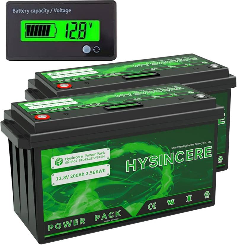 Hysincere LiFePO4 Batterie 12V 200Ah PLUS(2 Pack), 200A BMS Deep Cycle Wiederaufladbare Lithium Batterie mit Max. 15000 Zyklen & 10 Jahre Lebensdauer für Wohnmobil, Solar, Energiespeicher von HYSINCERE