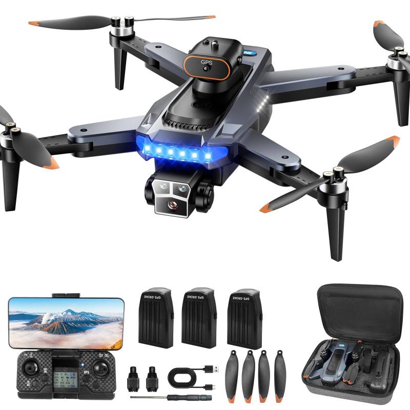 HYTOBP P17 GPS Drohne mit Kamera 4K Erwachsene, Drone 4K GPS mit bürstenlosem Motor, 3 Akkus, 5G-WLAN-Übertragung, FPV RC Drohnen mit 3 Kameras, Follow Me, Automatische Rückkehr, unter 249g von HYTOBP