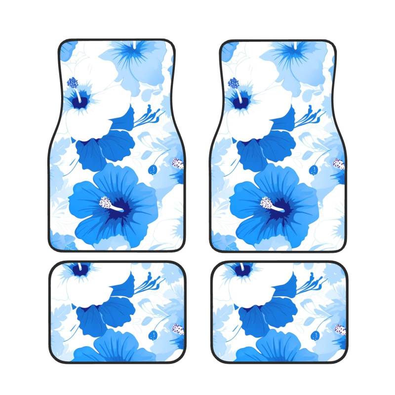 HYTTER Auto Fußmatten Set 4-teilig - Neopren Allwetter Full Set Fußmatten für Autos LKW SUV Blau Hawaii Blumen Muster von HYTTER