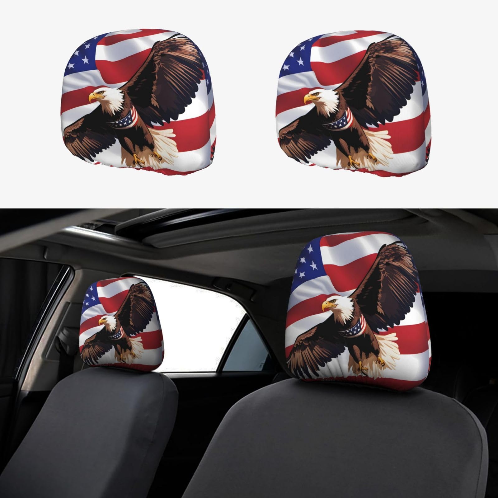 HYTTER Auto-Kopfstützenbezug, Motiv: USA Patriotischer Adler mit amerikanischer Flagge, 2-teiliges Set, Innenzubehör, Dekoration, passend für Autos, Lieferwagen, LKWs, Universal-Sitzzubehör von HYTTER