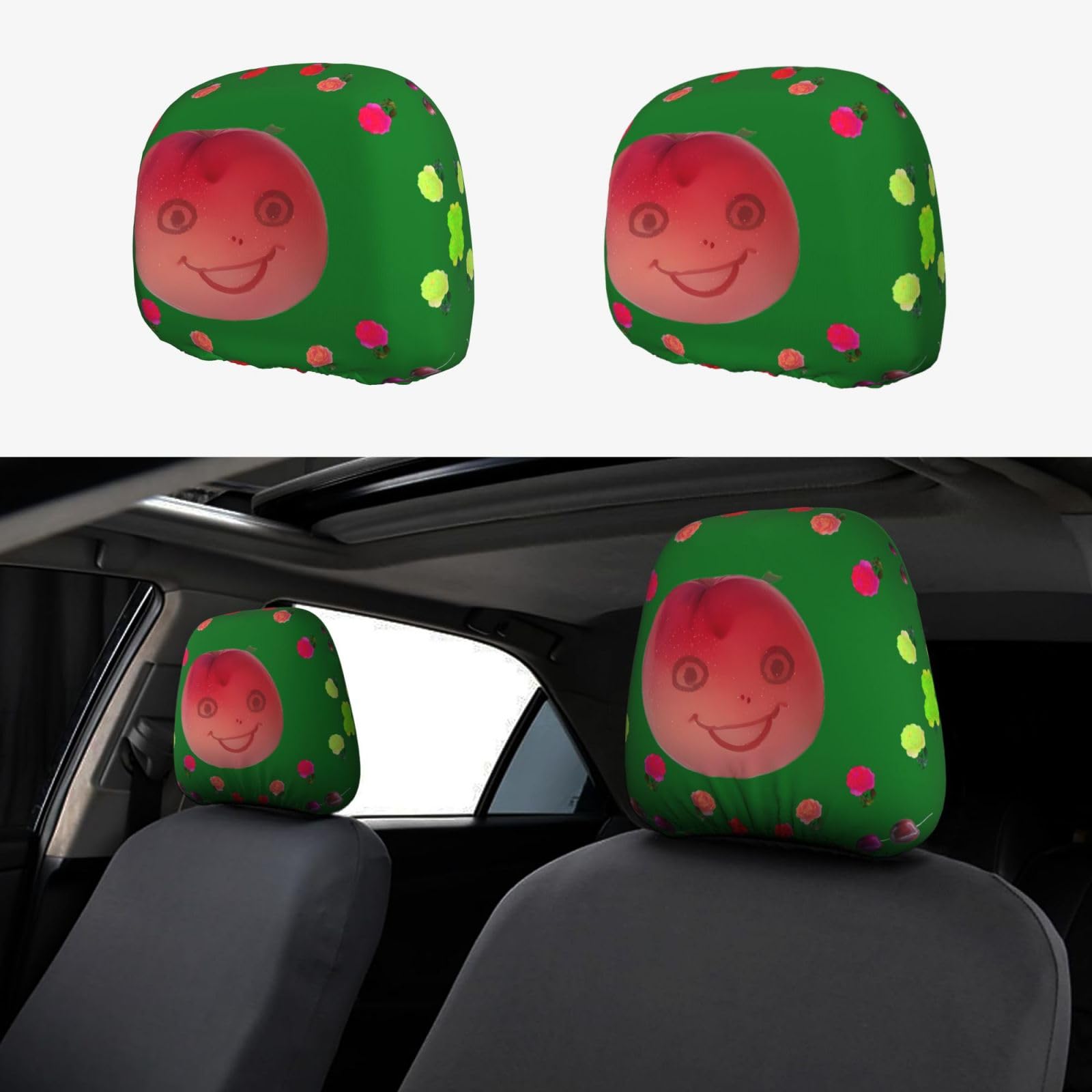 HYTTER Auto-Kopfstützenbezug, Motiv: lächelnde rote Pfirsiche, 2-teiliges Set, Innenzubehör, Dekoration, passend für Autos, Lieferwagen, LKWs, Universal-Sitzzubehör von HYTTER