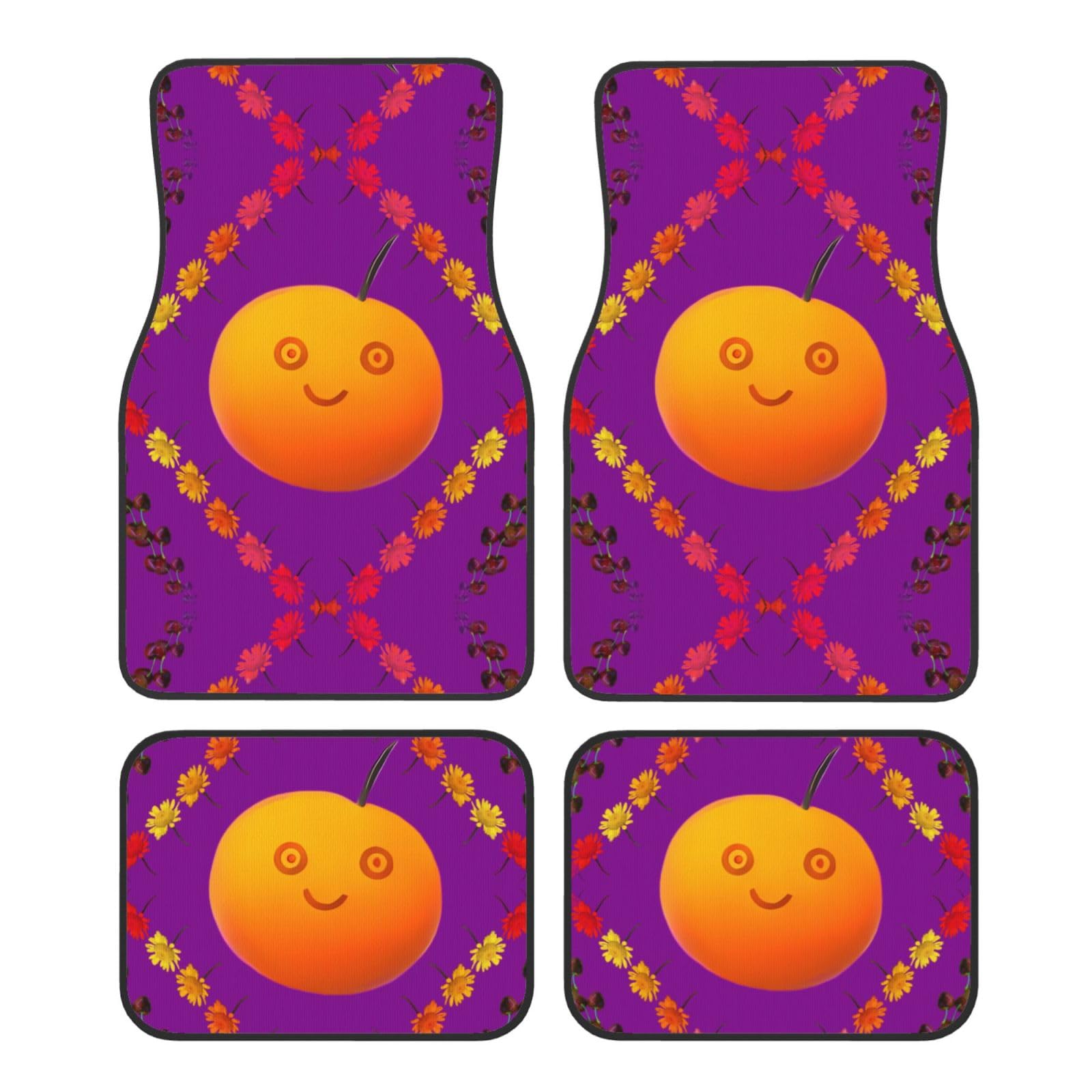 HYTTER Autofußmatten aus Kristallsamt – für alle Autos – leicht zu reinigen, lichtbeständig – verschönern den Innenraum, schützen und personalisieren – schwarzer Rand – Set mit 4 Smiley-Orange-Mustern von HYTTER