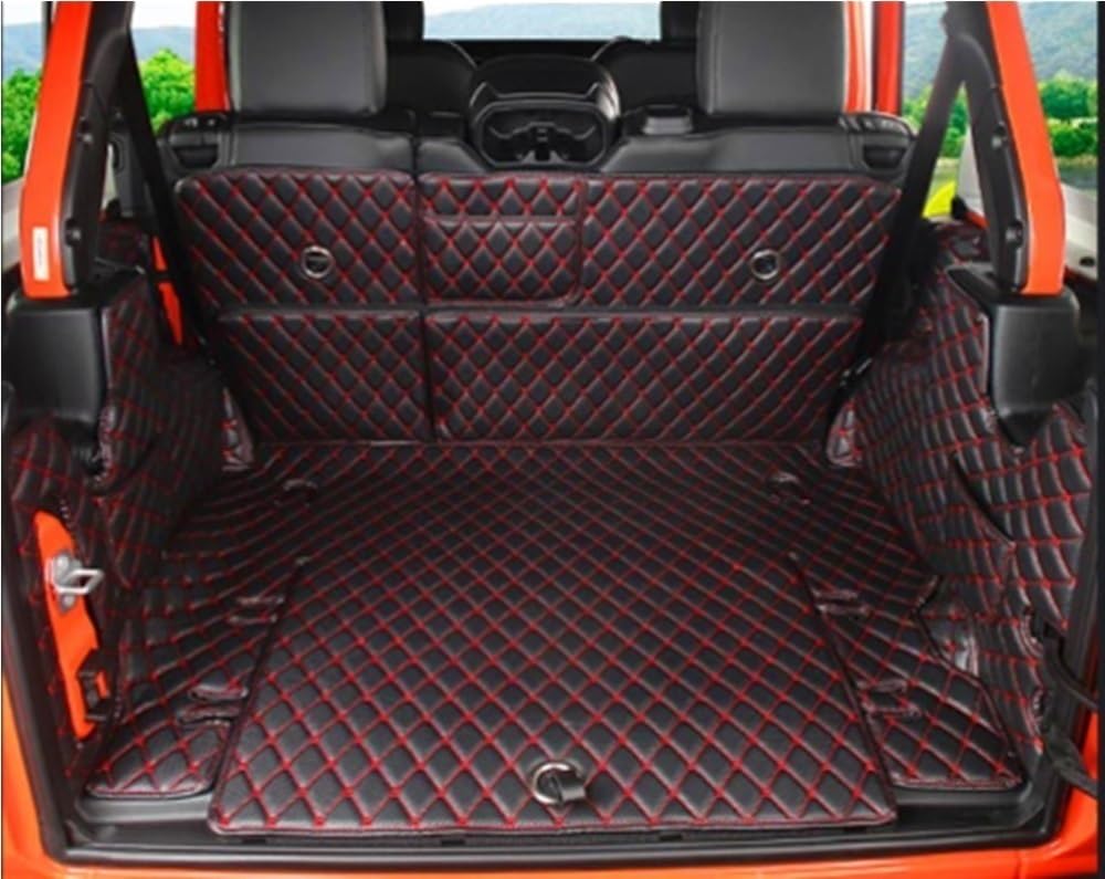 HZSMYXGS Kofferraumschutzmatte Kompatibel mit Jeep für Wrangler JL 4-Türer 2018 2019 2020 2021 2022 Spezielle Kofferraummatten Cargo Liner Kofferraumteppiche(Black red No subwoofer) von HZSMYXGS