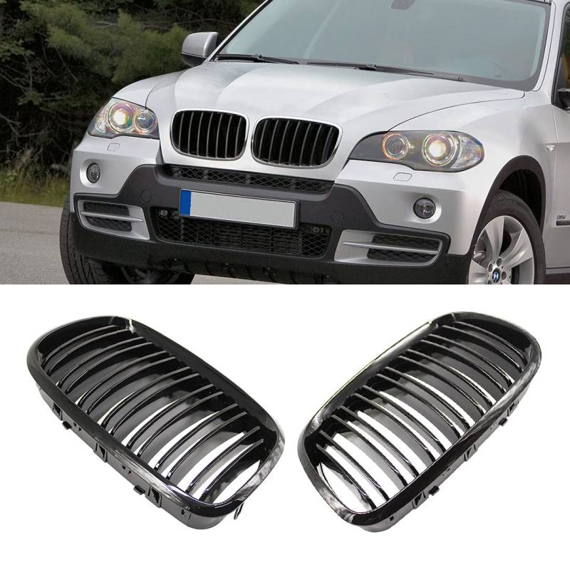 HZTWFC Doppellamelle Schwarz glänzend Vorderseite Racing Nierengitter Sportgrill passend für BMW X5 X6 E70 E71 2007-2013 Autozubehör Ersatzteil von HZTWFC