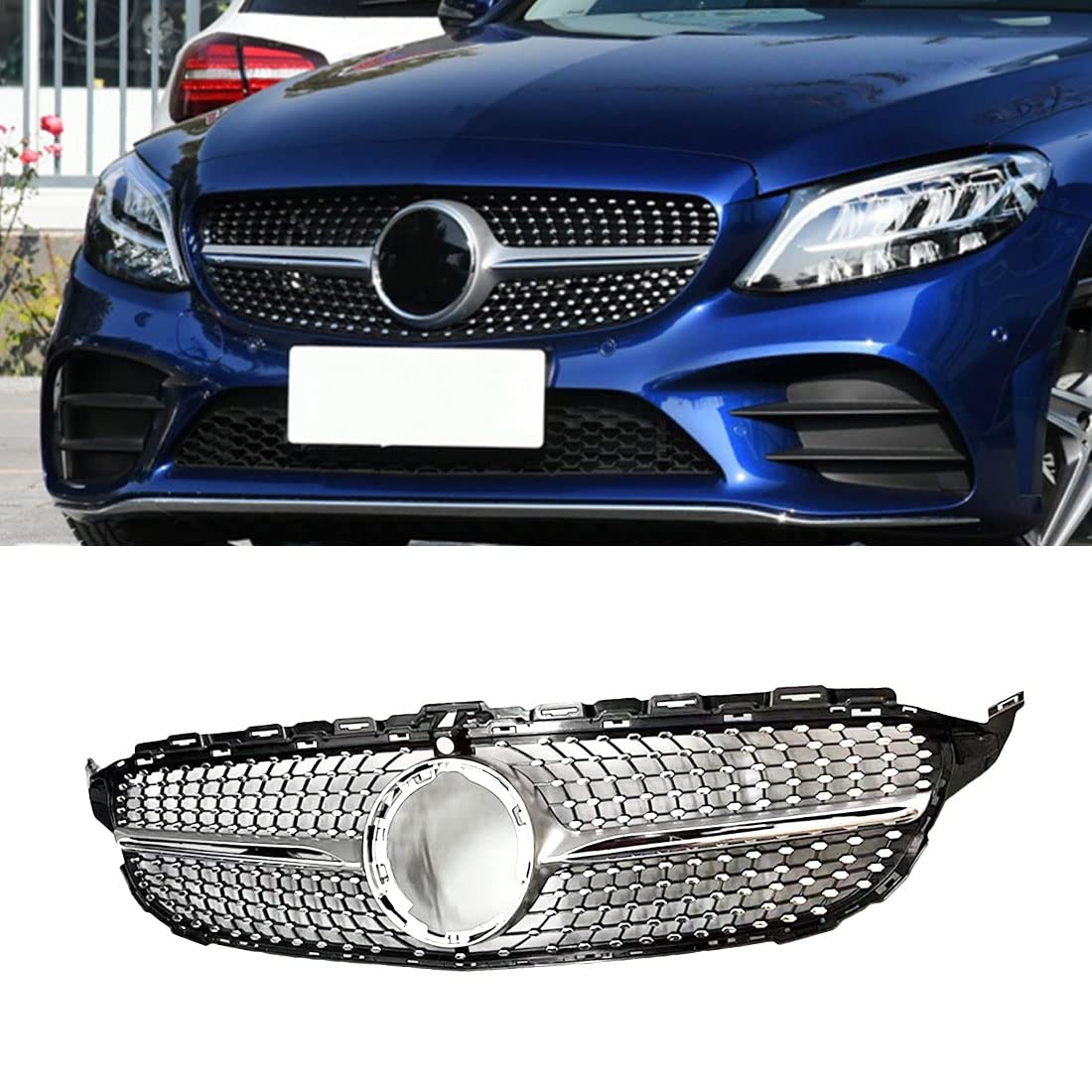 HZTWFC Frontgrill AMG Silver Diamond Grille mit Kamera komplett für Mercedes Benz C-Klasse W205 C180 C200 C250 C300 2019 2020 2021 von HZTWFC