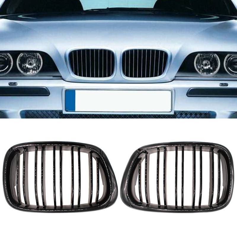 HZTWFC Frontstoßstange Doppellamellengrill Glänzend Schwarz Fronthaube Nierengrill Grill ABS Doppelleitung für BMW E39 5er 525 528 1995-2004 von HZTWFC