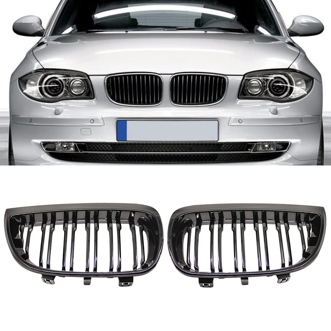 HZTWFC Kühlergrill vorne Niere Sportgitter Ersatz glänzend schwarz Doppellamellen für BMW E87 1er 2004–2006 M Power von HZTWFC