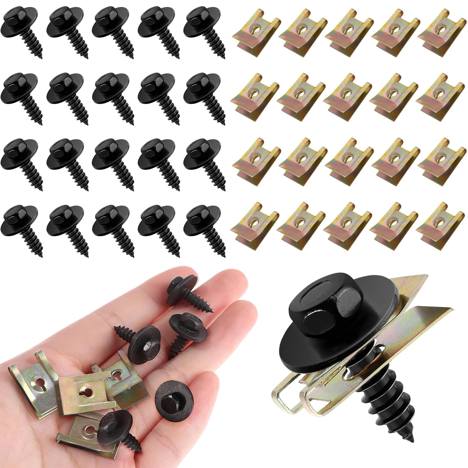 Karosserieschrauben Set, 20 Paare Blechmuttern Blechschrauben Schwarz Edelstahl Blechmutter Schraube Mutter Clip Kit, Karosserie Clips Befestigung Clips für Unterbodenschutz Auto Kotflügel Clips U-Typ von HZYIQ