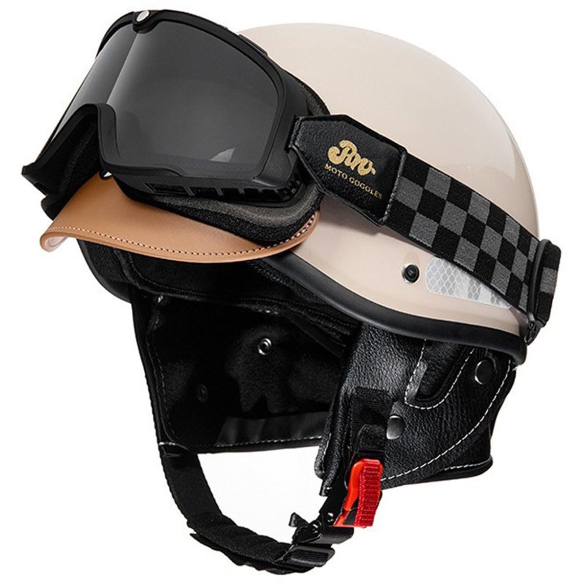 Deutscher Stil Motorradhelm Brain-Cap Halbschale Jethelme DOT/ECE-Zugelassen Männern Frauen Offener Helm Rollerhelm Scooter-Helm Mit Brille Motorrad Halbhelme 12,L:58-62CM von HaiBing