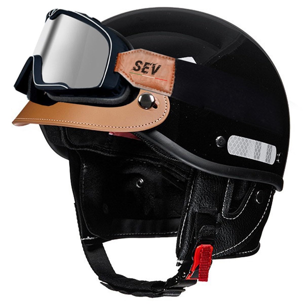 Deutscher Stil Motorradhelm Brain-Cap Halbschale Jethelme DOT/ECE-Zugelassen Männern Frauen Offener Helm Rollerhelm Scooter-Helm Mit Brille Motorrad Halbhelme 18,L:58-62CM von HaiBing