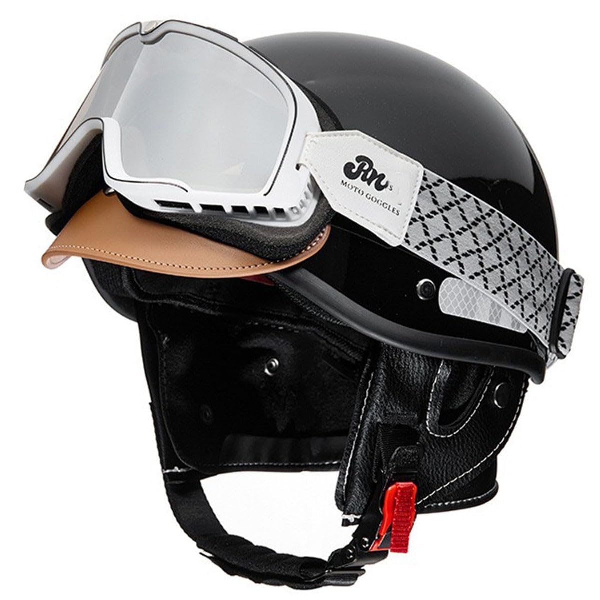 Deutscher Stil Motorradhelm Brain-Cap Halbschale Jethelme DOT/ECE-Zugelassen Männern Frauen Offener Helm Rollerhelm Scooter-Helm Mit Brille Motorrad Halbhelme 19,L:58-62CM von HaiBing