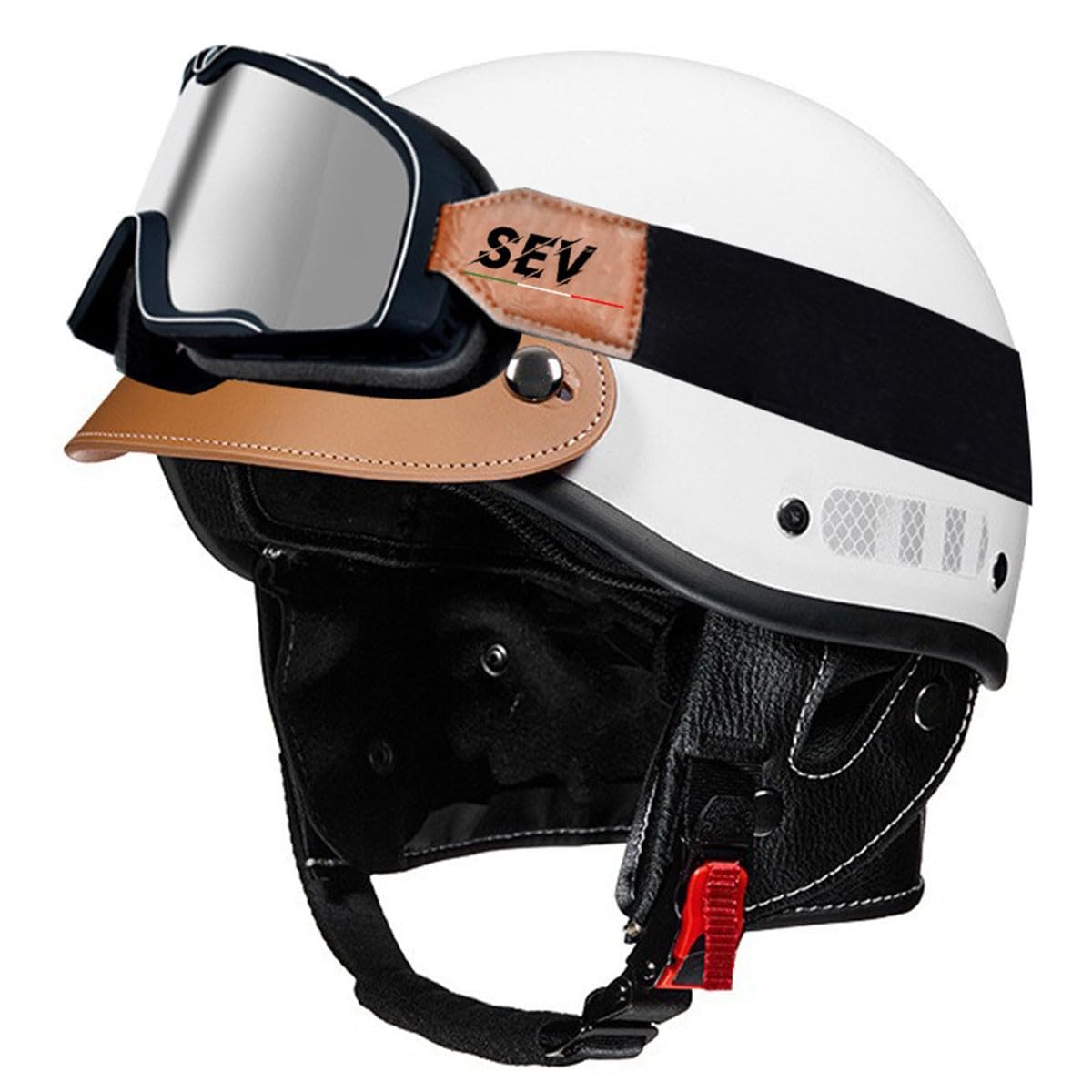 Deutscher Stil Motorradhelm Brain-Cap Halbschale Jethelme DOT/ECE-Zugelassen Männern Frauen Offener Helm Rollerhelm Scooter-Helm Mit Brille Motorrad Halbhelme 2,L:58-62CM von HaiBing