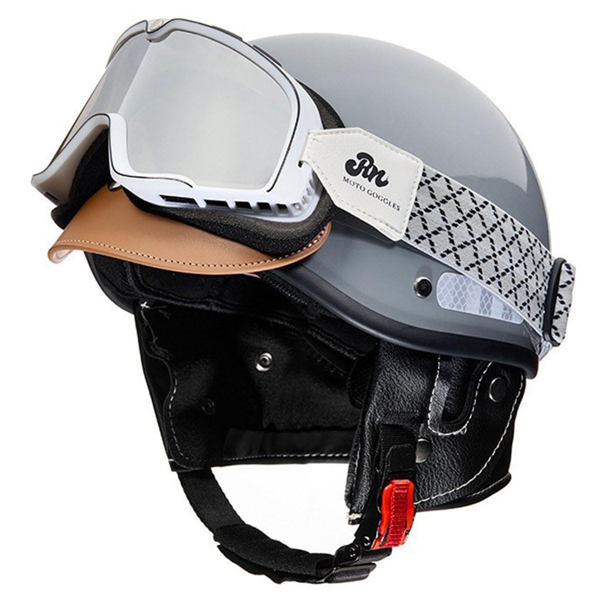 Deutscher Stil Motorradhelm Brain-Cap Halbschale Jethelme DOT/ECE-Zugelassen Männern Frauen Offener Helm Rollerhelm Scooter-Helm Mit Brille Motorrad Halbhelme 8,L:58-62CM von HaiBing