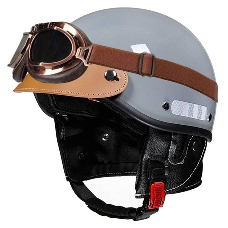 Motorradhelm Halbschalenhelm Mit ECE Zulassung Deutscher Stil Jethelm Motorrad Halbhelme Mit Brille Offenem Helm Cruiser Roller Cool Helm Für Herren Damen Im Edlen Vintage-Look 2,L:58-62CM von HaiBing