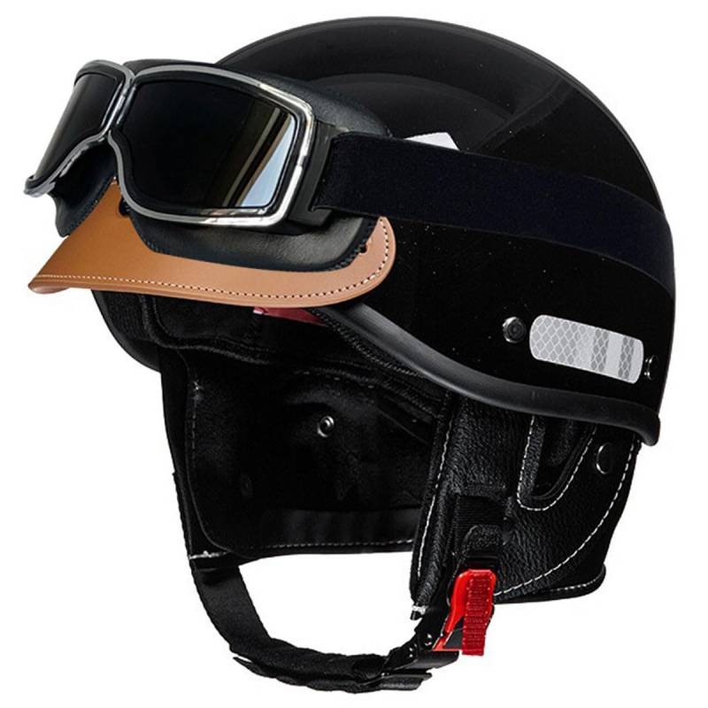 Motorradhelm Halbschalenhelm Mit ECE Zulassung Deutscher Stil Jethelm Motorrad Halbhelme Mit Brille Offenem Helm Cruiser Roller Cool Helm Für Herren Damen Im Edlen Vintage-Look 7,L:58-62CM von HaiBing