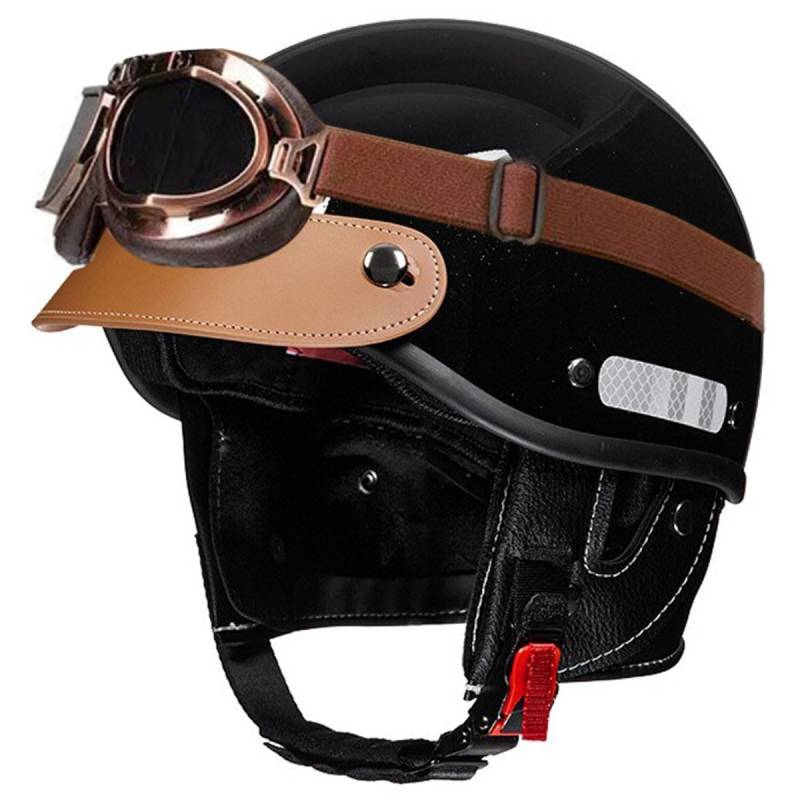 Motorradhelm Halbschalenhelm Mit ECE Zulassung Deutscher Stil Jethelm Motorrad Halbhelme Mit Brille Offenem Helm Cruiser Roller Cool Helm Für Herren Damen Im Edlen Vintage-Look 8,L:58-62CM von HaiBing