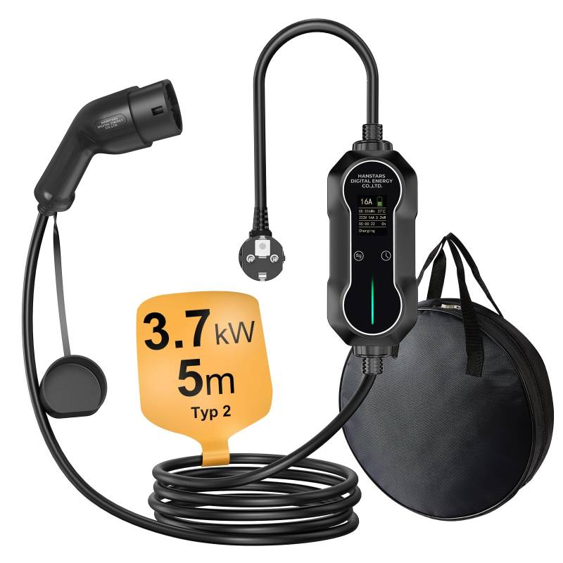 Hanstars Typ 2 Ladekabel 3.7KW, 16A, 5m Kabel–EV Ladekabel, Ladekabel Typ 2 Schuko für Elektrofahrzeuge, mit tragbarer Tragetasche von Hanstars