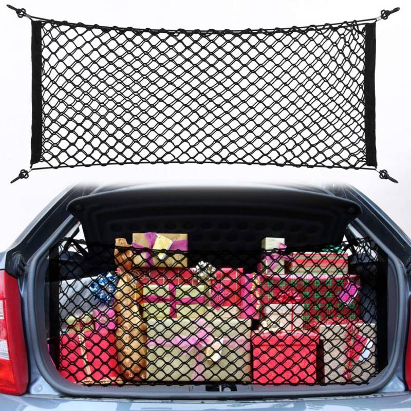 Auto Gepäcknetz, Haofy Universal Auto Kofferraumnetz, 90 x 40 cm Elastisch Kofferraum Organizer Netz Aufbewahrung Netz aus Nylon mit 4 Haken, Elastisch Schutznetz für Auto SUV, Schwarz von Haofy