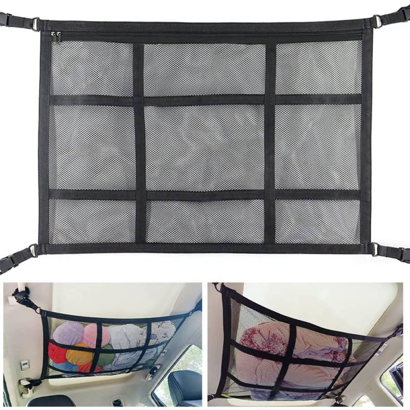 54 x 80 cm Auto Decke Cargo Net Pocket, Verstellbare Autodach Cargo Net Mesh Tasche, Doppellagiges Mesh Auto Decke Aufbewahrungsnetz für lange Autofahrten (Schwarz) von Haohai