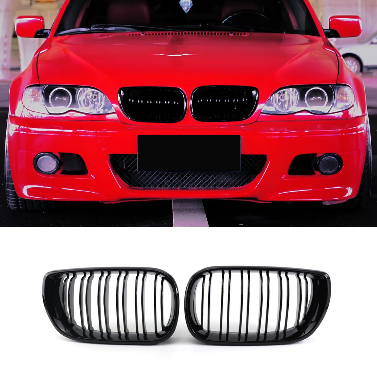 Haoyijiahui E46 Nieren Schwarz Kühlergrill Passend für BMW 3er E46 4 Door 2002-2005 LCI Facelift Grill Glanz Schwarz Doppelsteg Sport Kühlergrill （Nicht für 2 Türen geeignet）(Für 3er E46 2002-2005) von Haoyijiahui