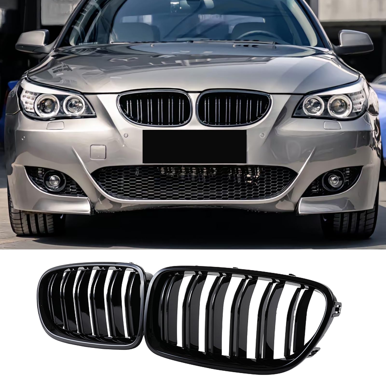 Haoyijiahui E60 E61 Nieren Kühlergrill Schwarz Glänzend Doppel-Lamellen, Front Nieren Grill für BMW 5 Serie E60 E61 M5 2006-2009 (For 5er E60 2006-2009) von Haoyijiahui