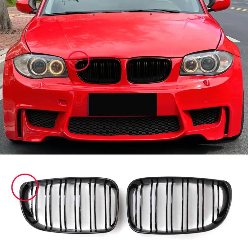 Haoyijiahui E81 Nieren Schwarz Front Nieren Kühlergrill Gitter Passend für BMW 1er E81 E82 E87 E88 Doppelsteg Grill Glanz Schwarz Links Rechts (For 1er E81 2008-2011) von Haoyijiahui