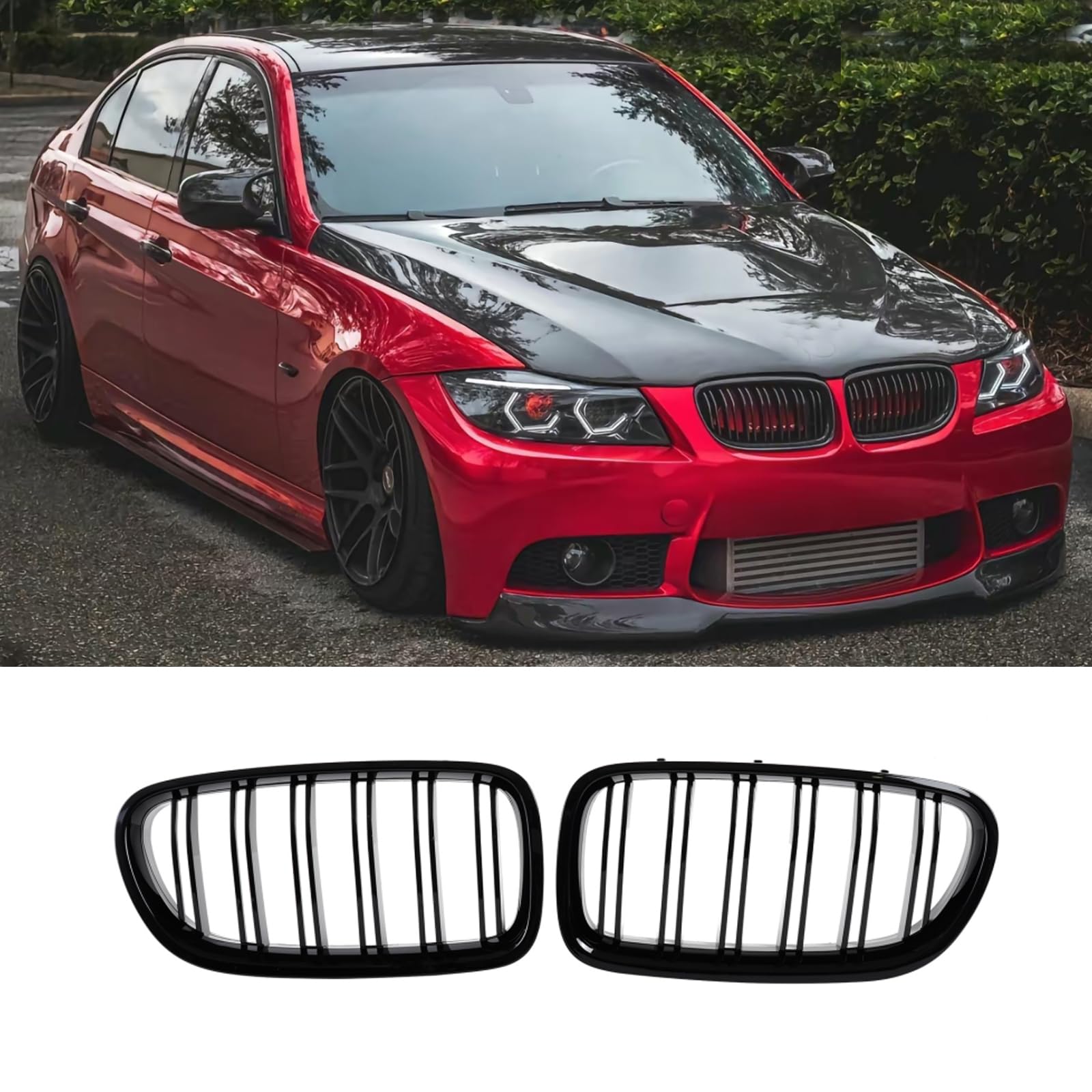 Haoyijiahui E90 E91 Kühlergrill Nieren Schwarz - Passend für BMW 3er E90 E91 LCI - Bj 2009-2011 - Doppelsteg Nieren - Vorne Grill - Schwarzer Glanz (For 3er E90 2009-2011) von Haoyijiahui