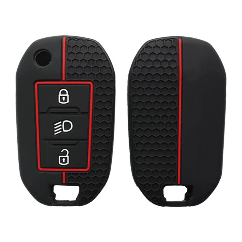 Happyit Silikon Autoschlüsselanhänger Hülle für Peugeot 208 301 308 508 5008 3008 Citroen 2010-2024 3 Buttons (Schwarz+rot Linie B) von Happyit