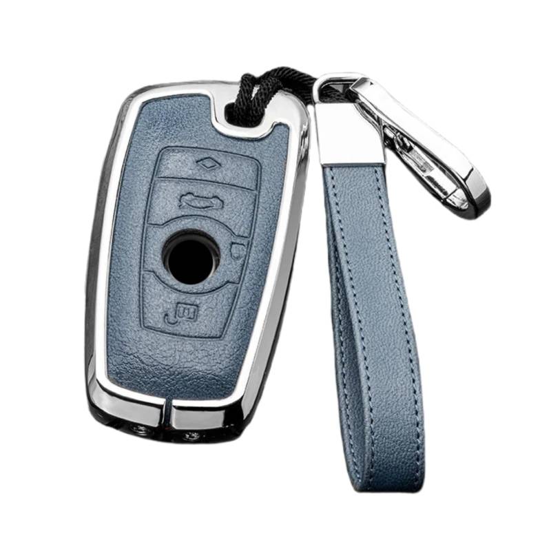 Happyit Zink-Legierung Leder Autoschlüssel-Hüllen für BMW 1 2 3 4 5 6 7 Series X3 X4 M2 M3 M4 M5 M6 GT3 GT5 4 Tasten (Blau+Silber) von Happyit