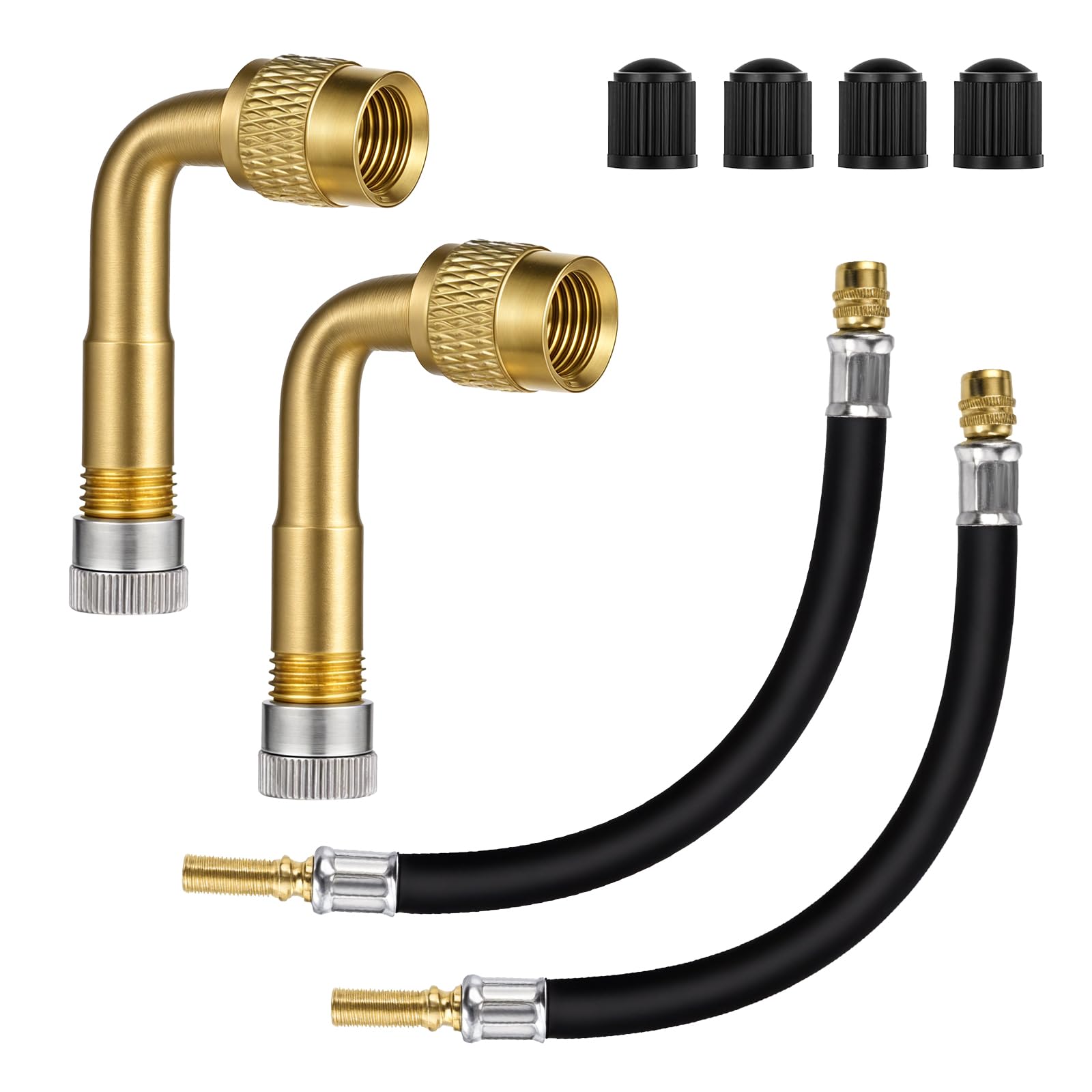 Hariendny 2 Set 210mm Flexible Ventilschaftverlängerungen mit 90 Grad Messing Adapter, Reifenventil Verlängerung Autoventil Adapter, Geeignet für Auto, Motorrad, Wohnmobil, LKW, Fahrrad von Hariendny