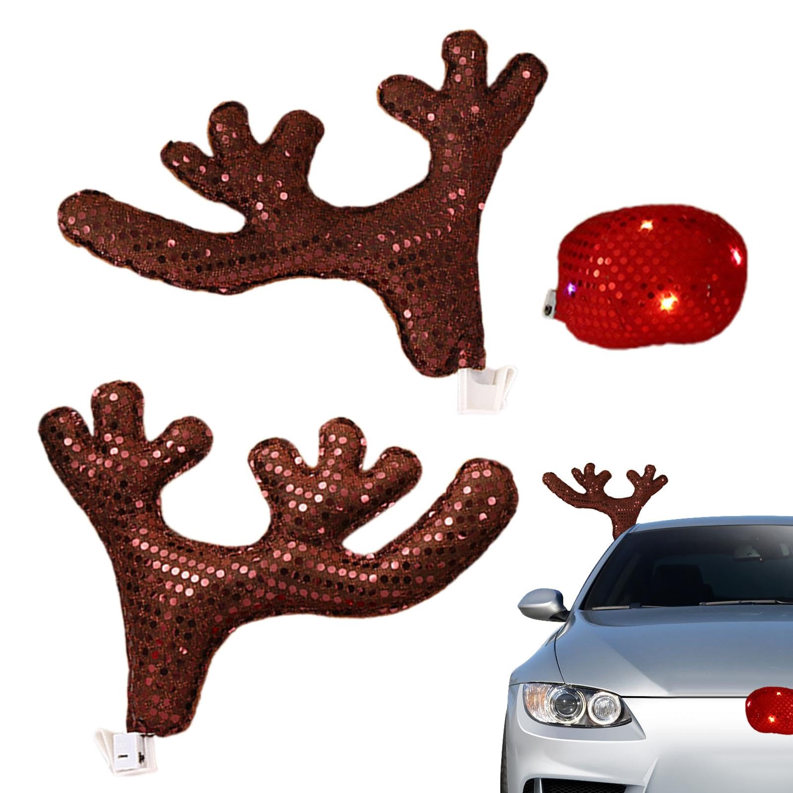 Weihnachten Auto Rentier Geweih - Gitter Rudolph Rentier | Rentier Auto Dekoration | Leuchtende Rentier Geweih Nase Kit | Urlaub Automotive Auto Kostüm Zubehör für LKW, Autos, Fenster von Harmoousue