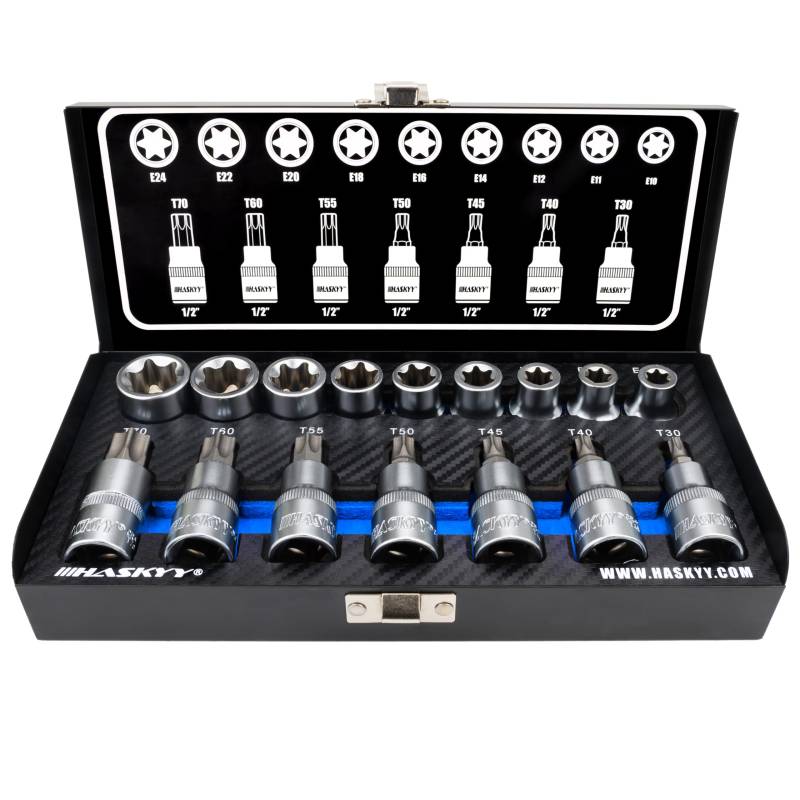 Haskyy Professional 16tlg. Schrauber Bit Set Torx I Nusssatz Bit Stecknüsse I T30-T70 55mm lang I E10-E24 39mm lang von HASKYY