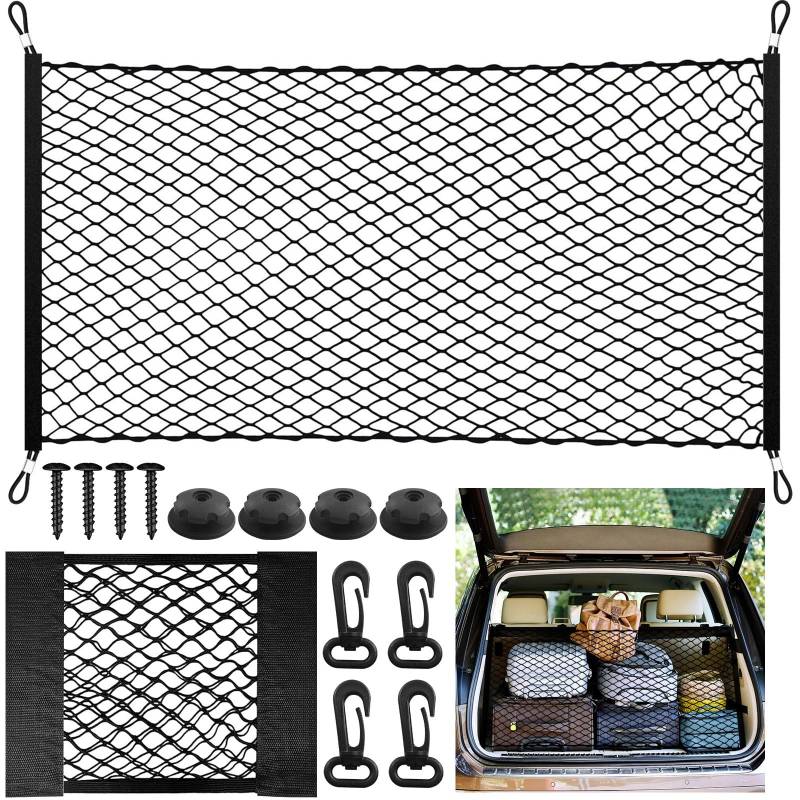 HavaCue 2 Stück Gepäcknetz Auto,110x60cm Kofferraumnetz Erstreckt Sich auf 140 * 100cm,30x25cm Kofferraum Netztasche,Gepäcknetz Wohnmobil Mit 4 Stahlkarabiner+4 ABS Haken von HavaCue ㅤ