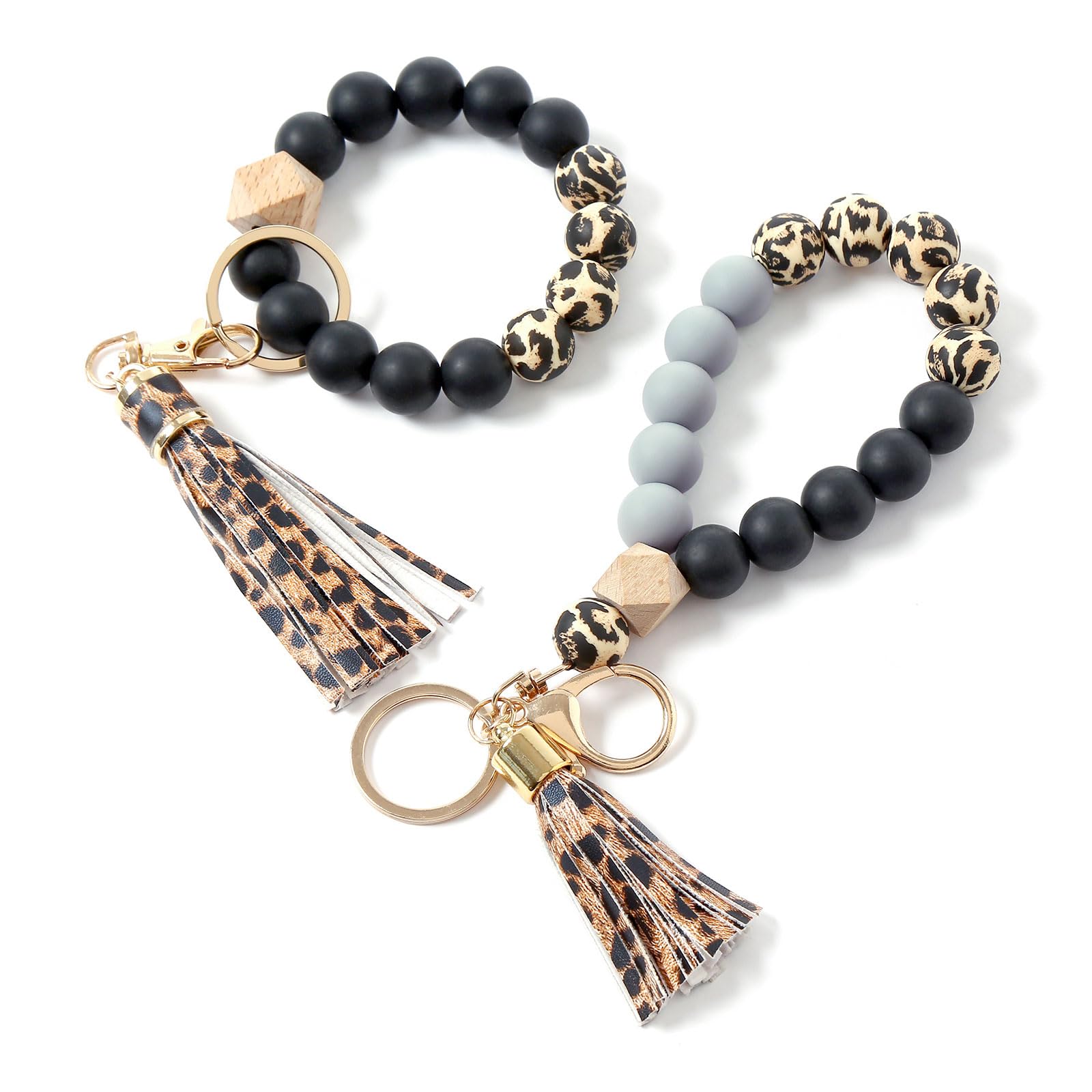 Havill 2 x Silikon-Perlenarmband, Schlüsselanhänger, Armreif, Armband mit Lederquaste für Damen/Mädchen, leopard, Einheitsgröße von Havill