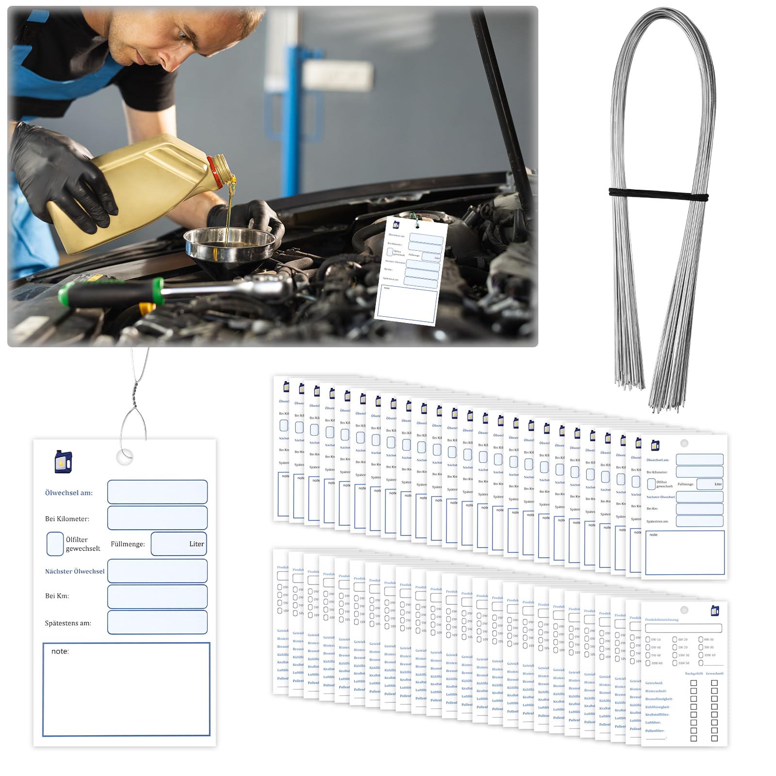 50 Stück Ölwechselzettel, Ölwechsel Anhänger mit draht, Öl Schilder, Ölzettel, Öl anhänger Öl Service Anhänger Ölwechsel schilder 6x10cm von Hcunbsu