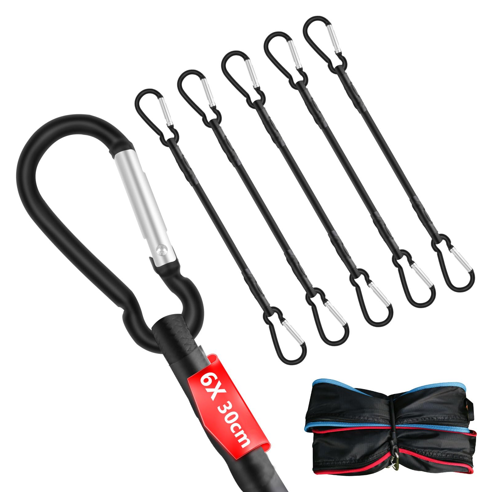 6 Stück Spanngummi mit Karabiner, 30 cm Expander mit Haken, Spanngurte mit Haken, Starker Gummispanner mit Karabinerhaken für vielseitige Outdoor-Anwendungen Schwarz von Hcunbsu