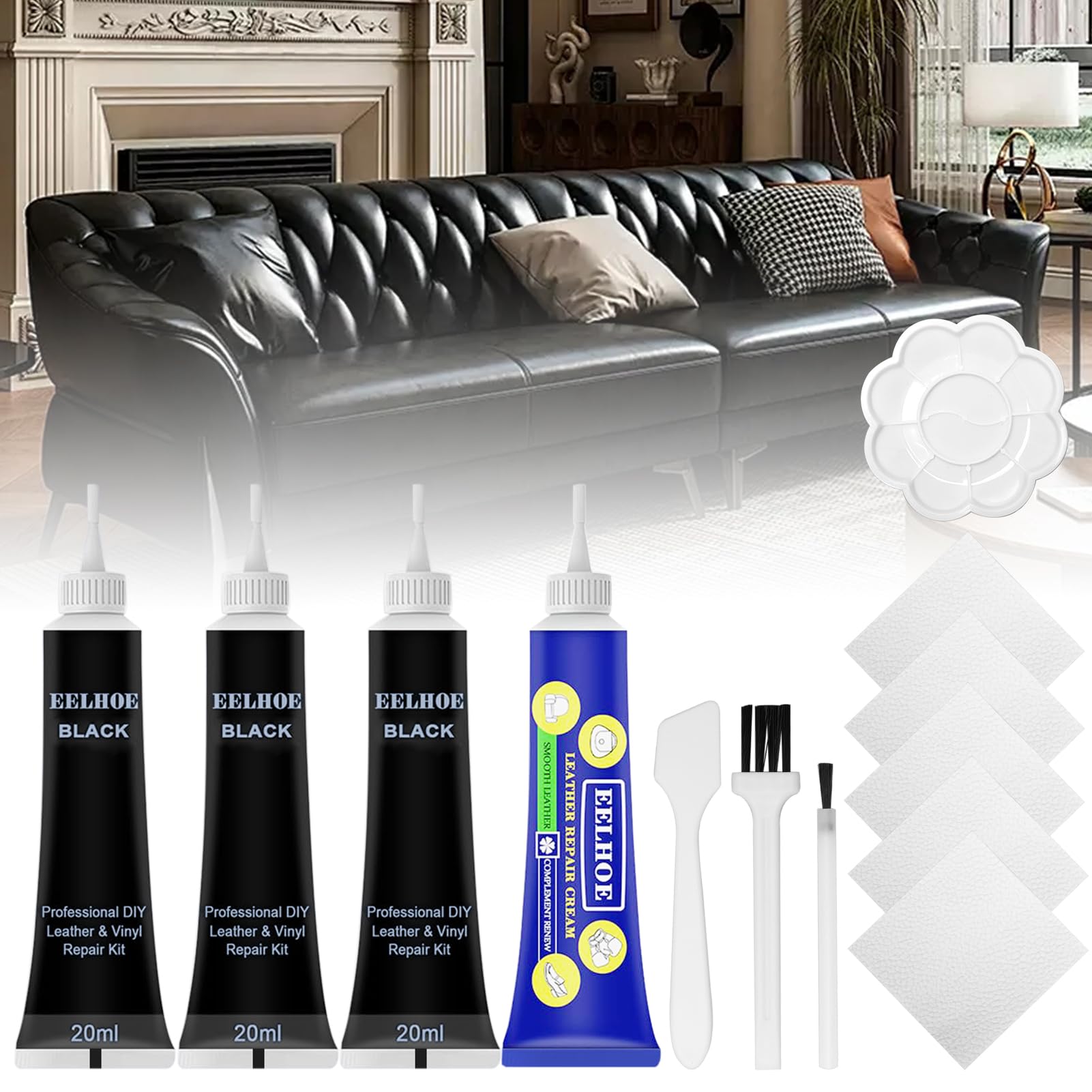 Hcunbsu 4 Stück Leder Reparatur Set, Lederreparatur Creme, Lederreparaturset Schwarz, Leder-Restaurator, Flüssigleder Reparatur Set, Kunstleder Reparaturset Schwarz für Autositze Sofas Schuhe 20ml von Hcunbsu