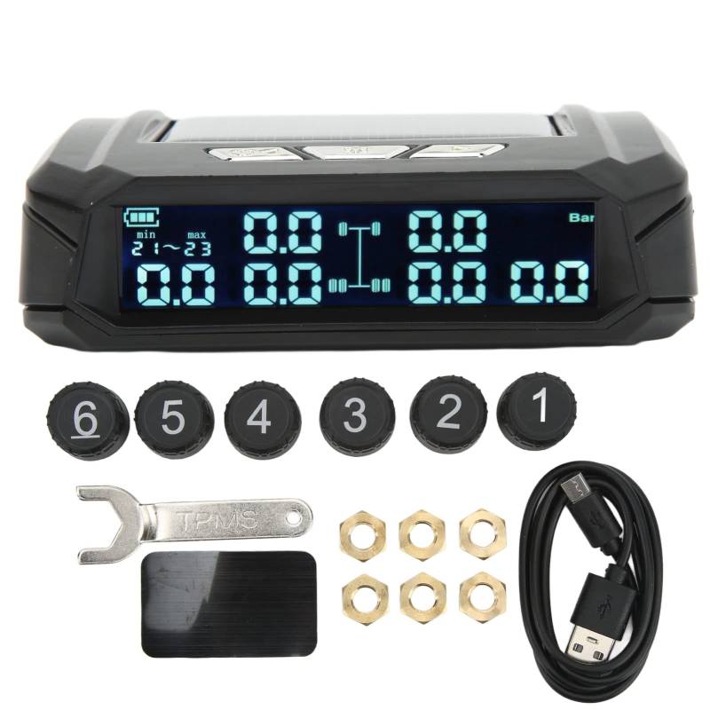 Reifendruckmonitor TPMS Wireless Solar, 6-Rad-LKW-Reifendruckkontrollsystem Wireless Solar Power TPMS-Monitor mit 6 Sensoren für Leichte LKW-Wohnmobile von Headerbs