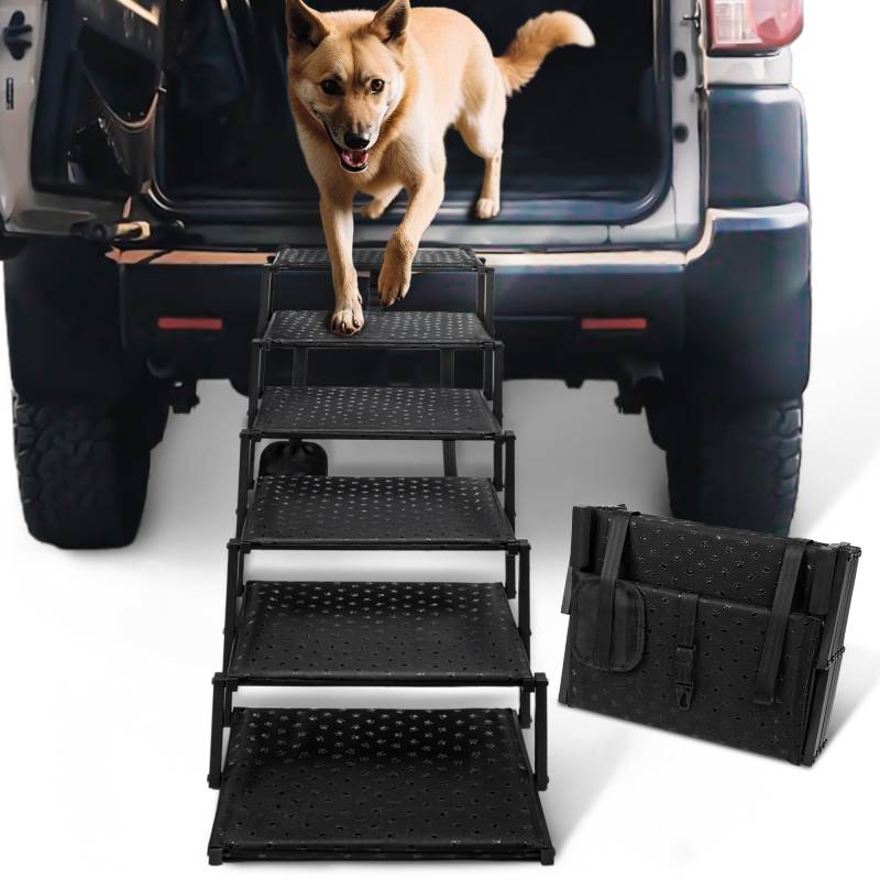 Hundetreppe für Auto – Faltbare Hunderampen für große Hunde mit Rutschfester Oberfläche, tragbare Hundetreppe für Autos und SUV, LKW, unterstützt bis zu 90 kg, 6 Stufen von Heeyoo