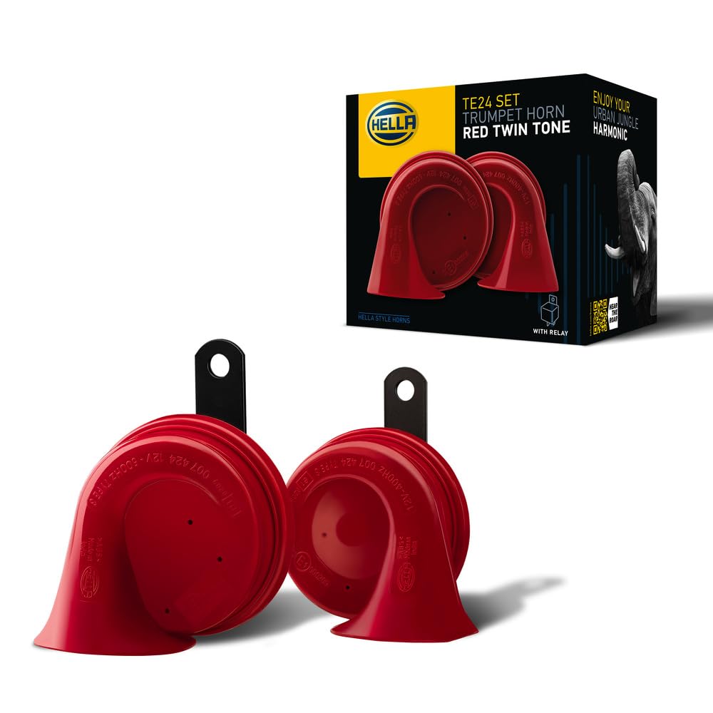 HELLA Fanfare - HELLA STYLE HORN TE24 SET - 12V - 110dB(A) - 400Hz-500Hz - Tiefton/Hochton - elektrisch - ECE - Gehäusefarbe: rot/schwarz - Flachsteckanschluss - Menge: 2 - 3FH 007 424-801 von Hella