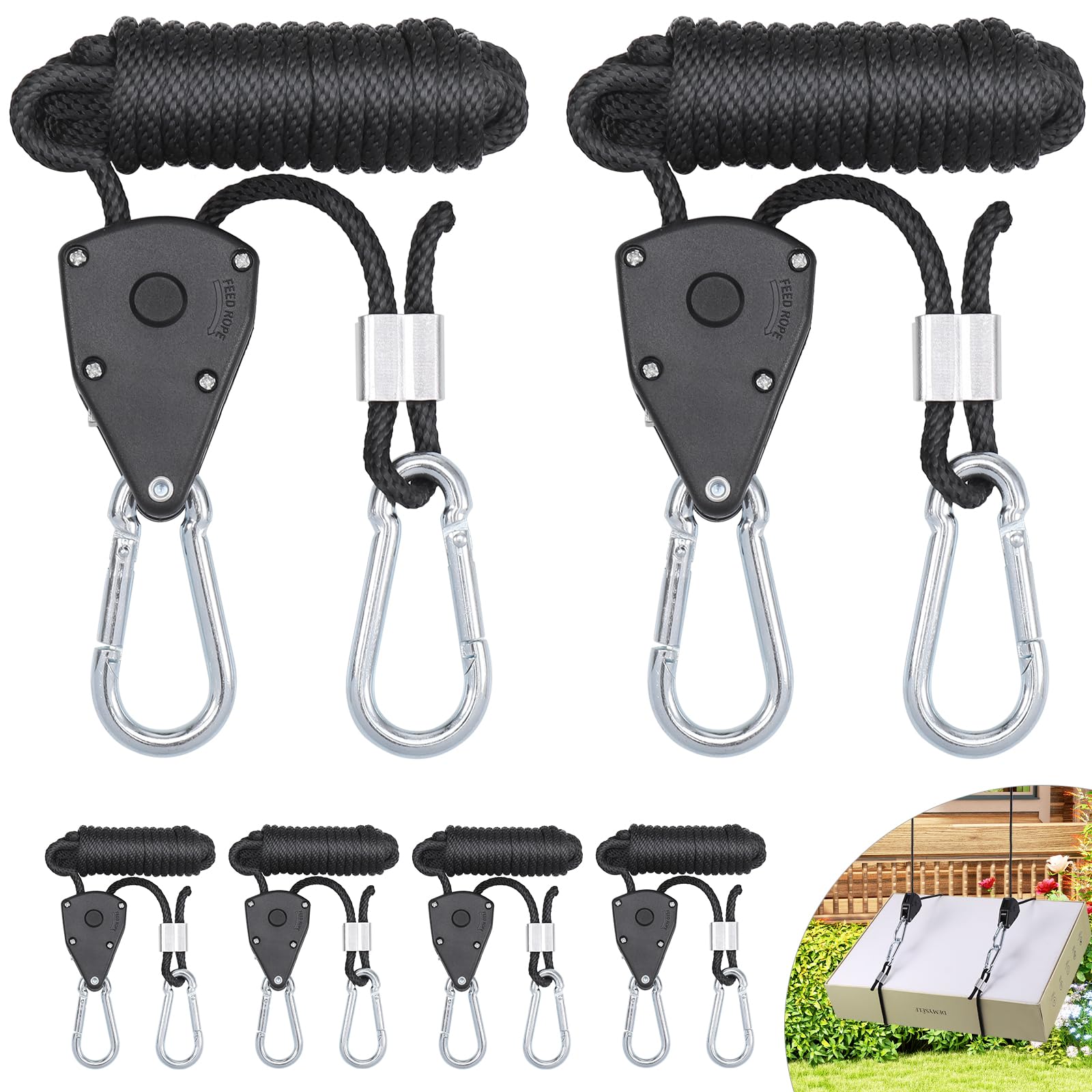 Hejo 6 Stück Ratchet Hangers, 1/8 Zoll Seilratsche mit Haken, 2,4 m Verstellbare Seilzugratsche für Sonnensegel Seilspanner, Windfestes Seil für Camping, Licht, Zimmerpflanzen (Schwarz) von Hejo