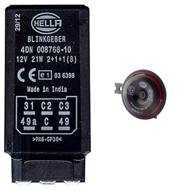 Hella 4DN 008 768-101 Blinkgeber - 12V - 6-polig - gesteckt - elektronisch - ohne Halter & 3AL 922 000-951 Horn - S90-12V - 113dB(A) - Frequenzbereich: 350Hz - Tiefton - Gehäusefarbe: rot/schwarz von Hella