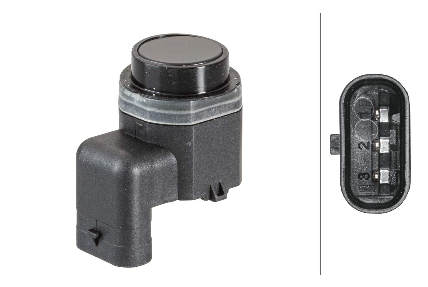 HELLA 6PX 358 141-221 Sensor, Einparkhilfe - gewinkelt - 3-polig - gesteckt - lackierbar - mit Befestigungsring von Hella