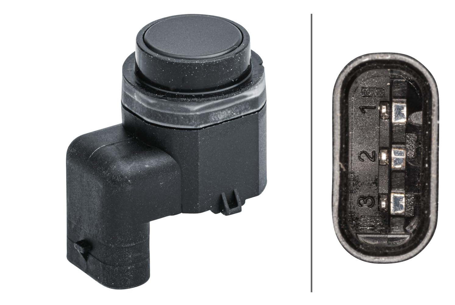 HELLA 6PX 358 141-541 Sensor, Einparkhilfe - gewinkelt - 3-polig - gesteckt - lackierbar - mit Befestigungsring von Hella