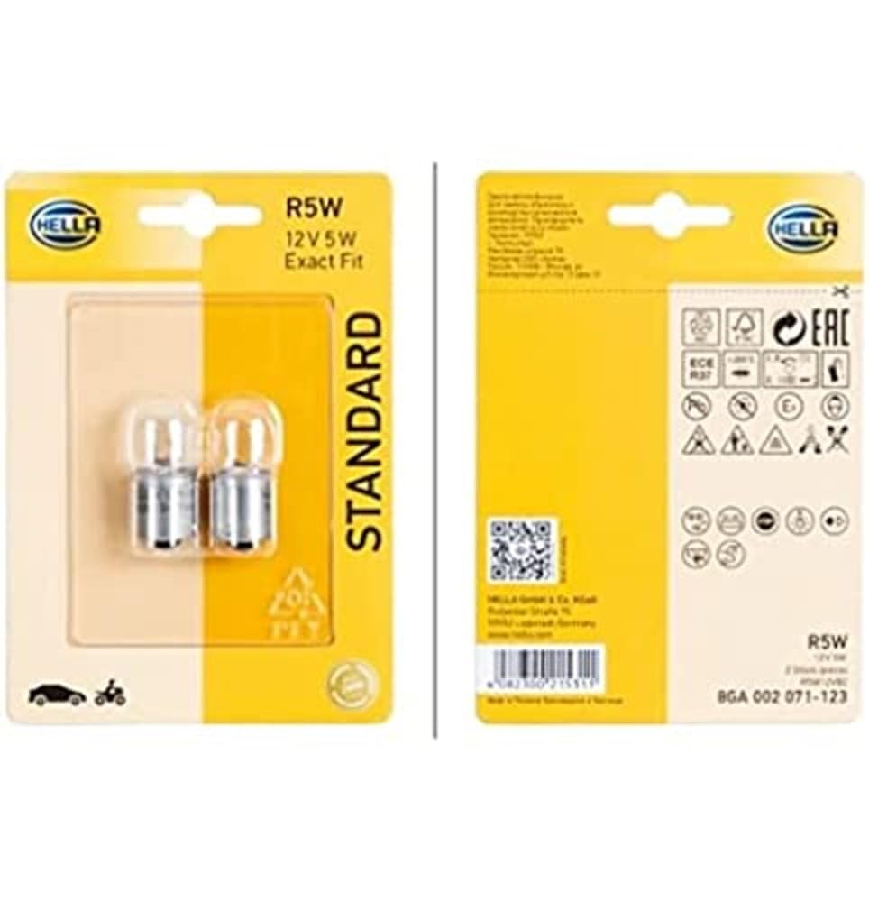 HELLA 8GA 002 071-123 Halogen Glühlampe - R5W - Standard - 12V - 5W - Sockelausführung Glühlampe: BA15s - Blister - Menge: 2 von Hella