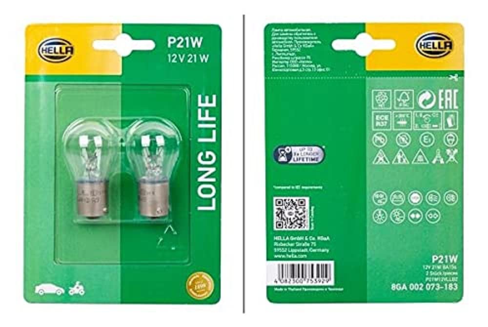 HELLA 8GA 002 073-183 Halogen Glühlampe - P21W - Long Life up to 3x longer lifetime - 12V - 21W - Sockelausführung Glühlampe: BA15s - Blister - Menge: 2 von Hella