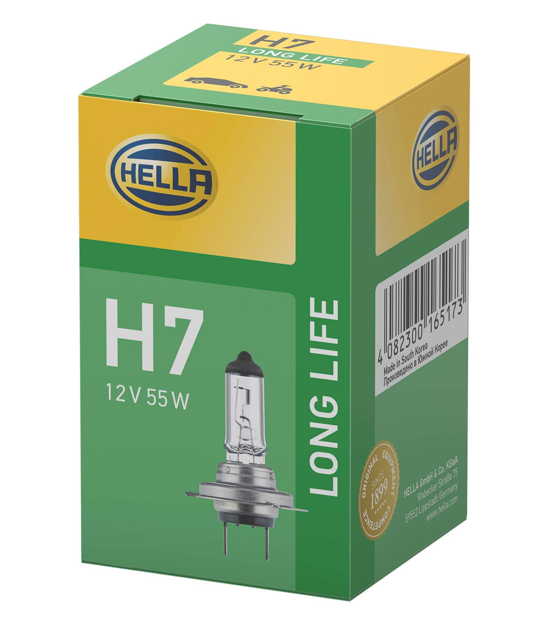 HELLA 8GH 007 157-201 Halogen Glühlampe - H7 - Long Life up to 3x longer lifetime - 12V - 55W - Sockelausführung Glühlampe: PX26d - Schachtel - Menge: 1 von Hella